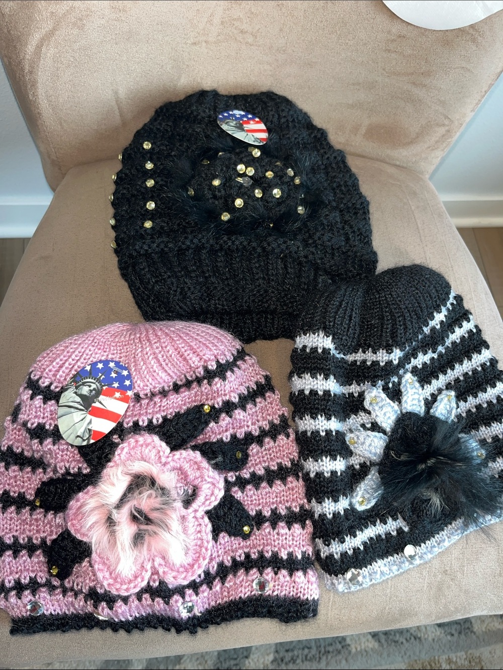 Adorable Knit Beanie Trio with Crystal Studs & Flowers